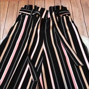Multicolored Striped Paper Bag Waist Palazzo Pants